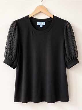 CeCe Black Puff-Sleeve Dot Mesh Tee NWOT